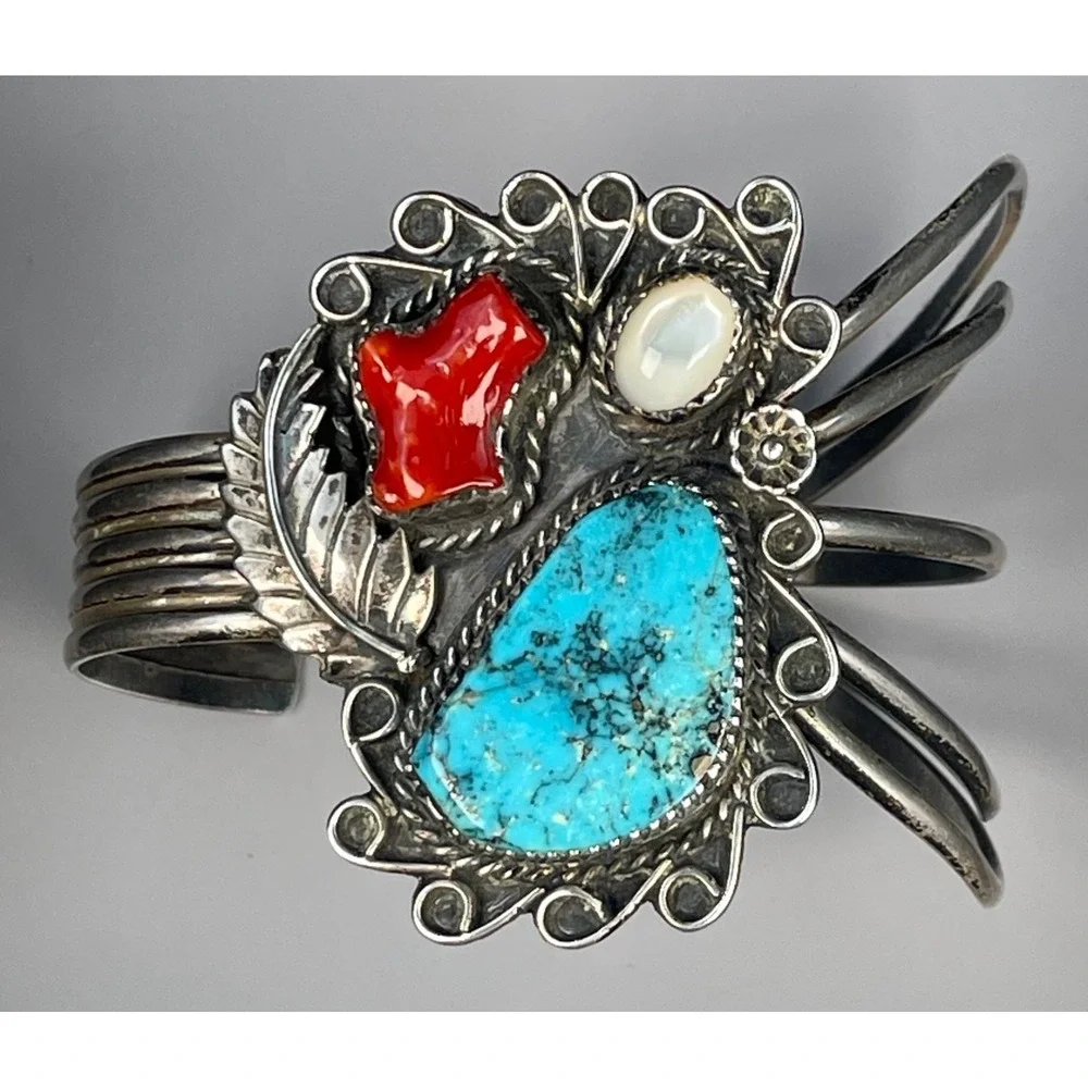 Navajo Sterling Silver Turquoise Coral Shell Cuff Bracelet Handmade 37.35g